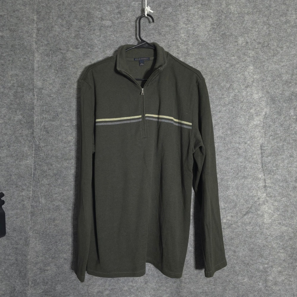 Banana Republic Quarter Zip Men Large Green Striped Ribbed Cotton Pullover 15990